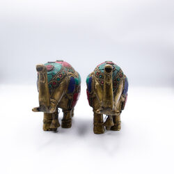 Engraved Antique Brass Elephant Figurines with Crystal Fittings, 2 Piece, Multicolour