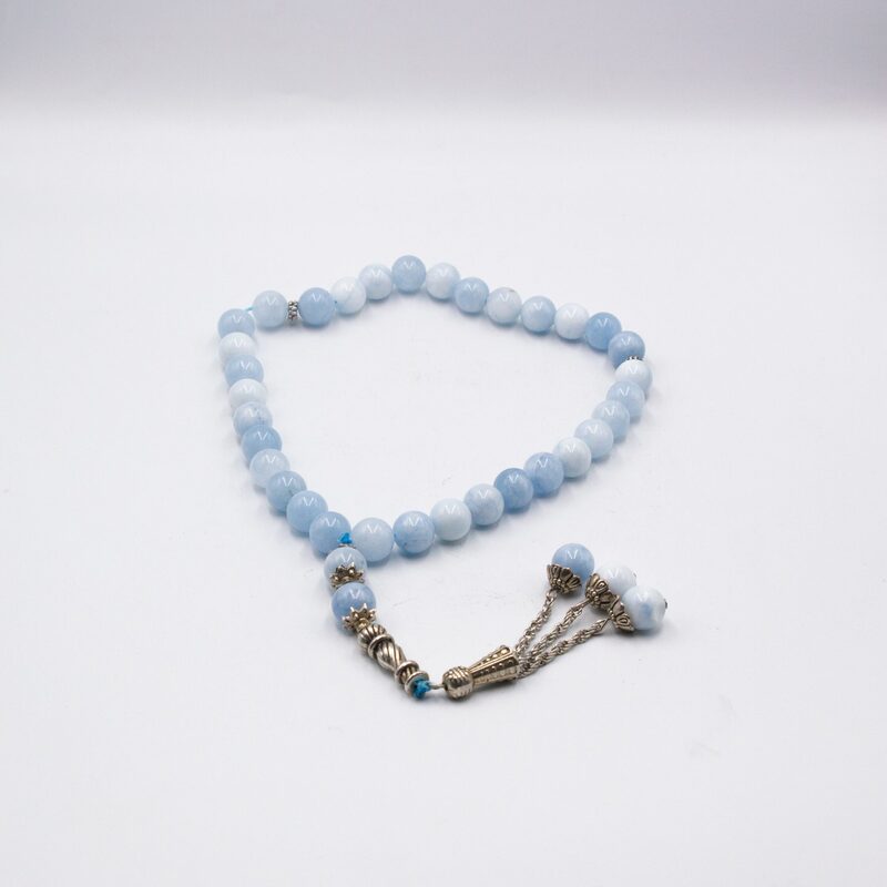 Natural Aquamarine Crystal Tasbih Prayer Beads (10mm-33 Beads), Light Blue