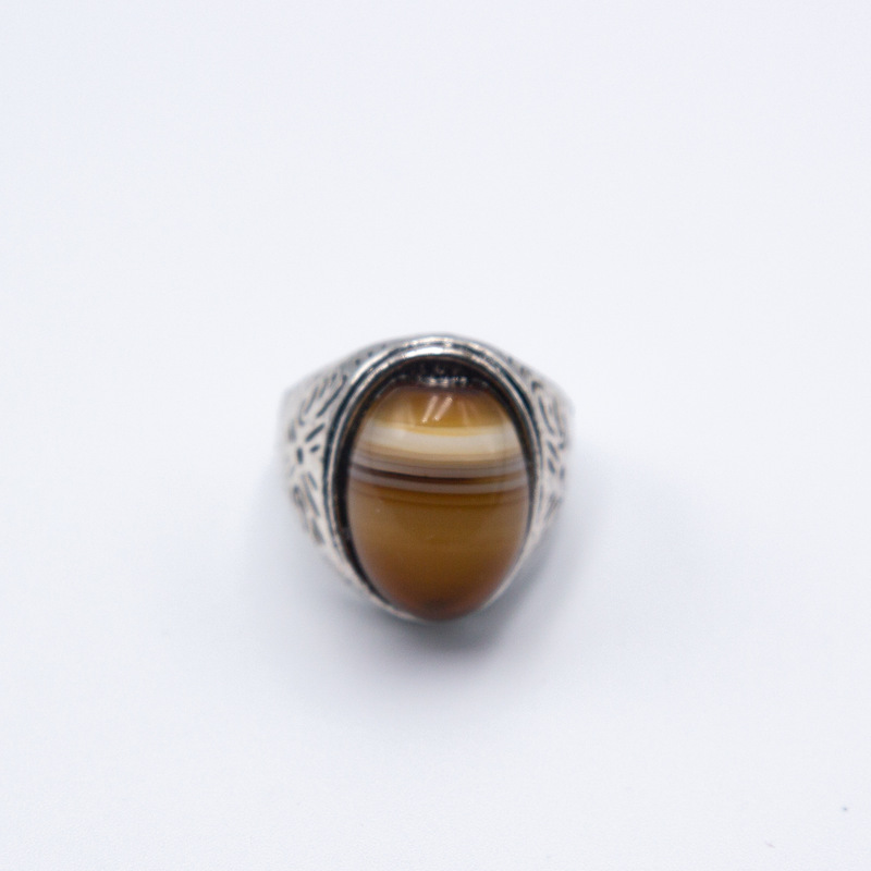 Natural Agate Crystal Ring Ornamental with Italian Silver Linings Unisex, Brown/Silver