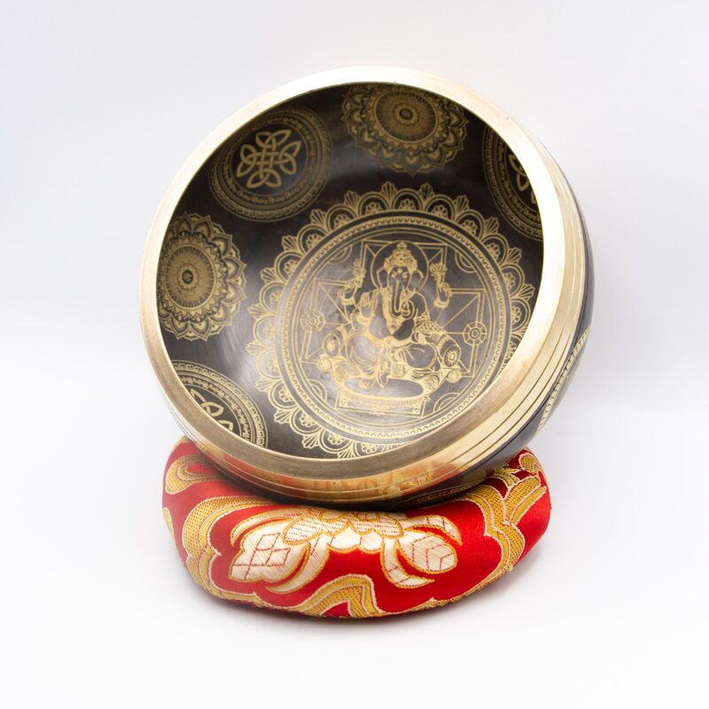 Authentic Himalayan Handcrafted Ganesh Singing Bowl Single Set with Traditional Wooden Striker & Silk Cushion, Gold