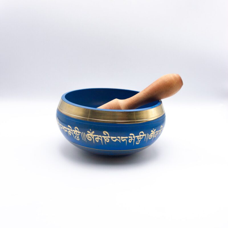 Authentic Himalayan Vibrant Handcrafted Singing Bowl Single Set with Traditional Wooden Striker, Small, Blue/Gold