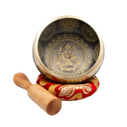 Authentic Himalayan Handcrafted Ganesh Singing Bowl Single Set with Traditional Wooden Striker & Silk Cushion, Gold