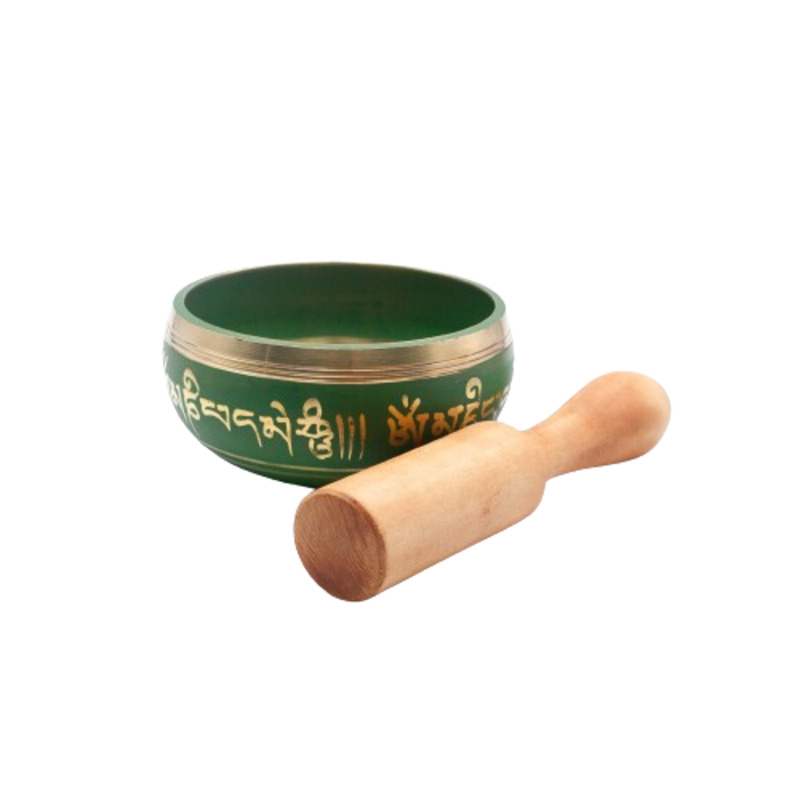 Authentic Himalayan Vibrant Handcrafted Singing Bowl Single Set with Traditional Wooden Striker, Green/Gold