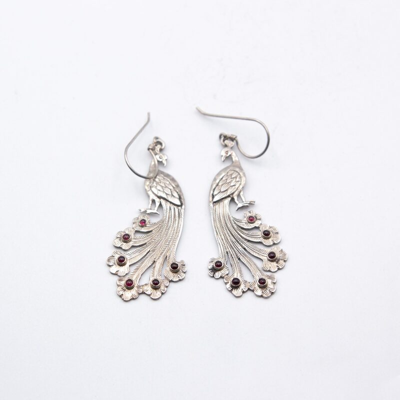 Exquisite 925 Silver Peacock Design with Red Carnelian Crystals Pair of Earrings, Silver