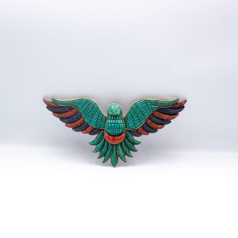 Exquisite Pure Silver with Natural Gemstones Turquoise, Lapis lazuli and Coral Vintage Flying Eagle Brooch, Multicolour