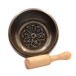 Authentic Himalayan Dharmachakra Singing Bowl Single Set with Traditional Wooden Striker, Brown