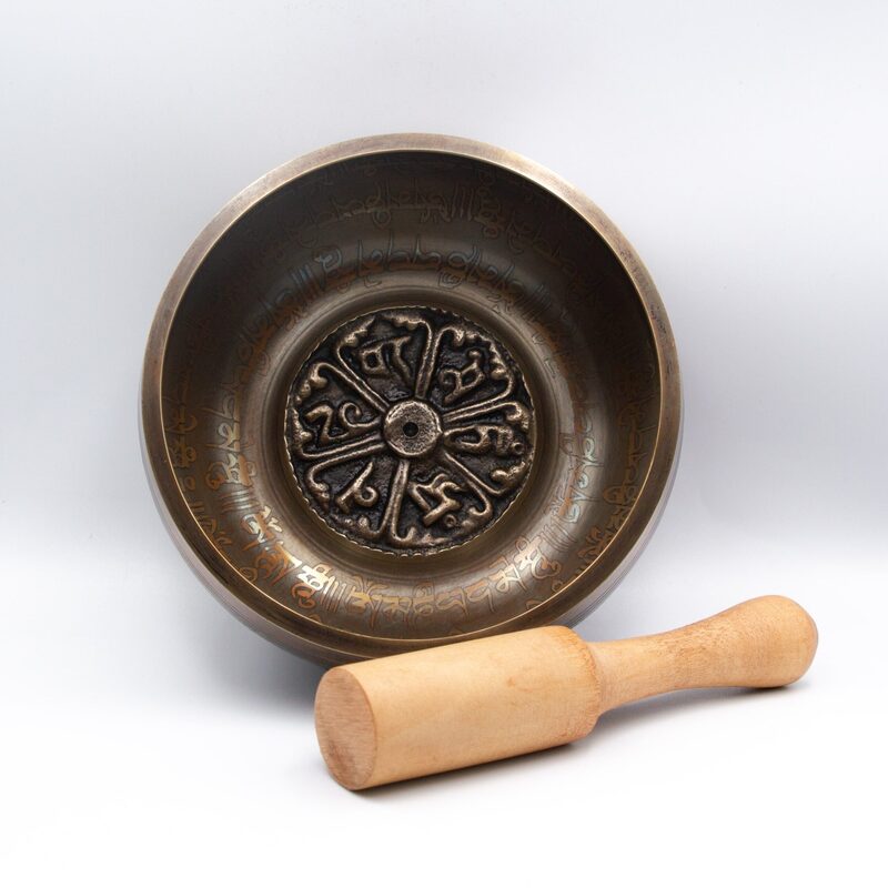 Authentic Himalayan Dharmachakra Singing Bowl Single Set with Traditional Wooden Striker, Brown