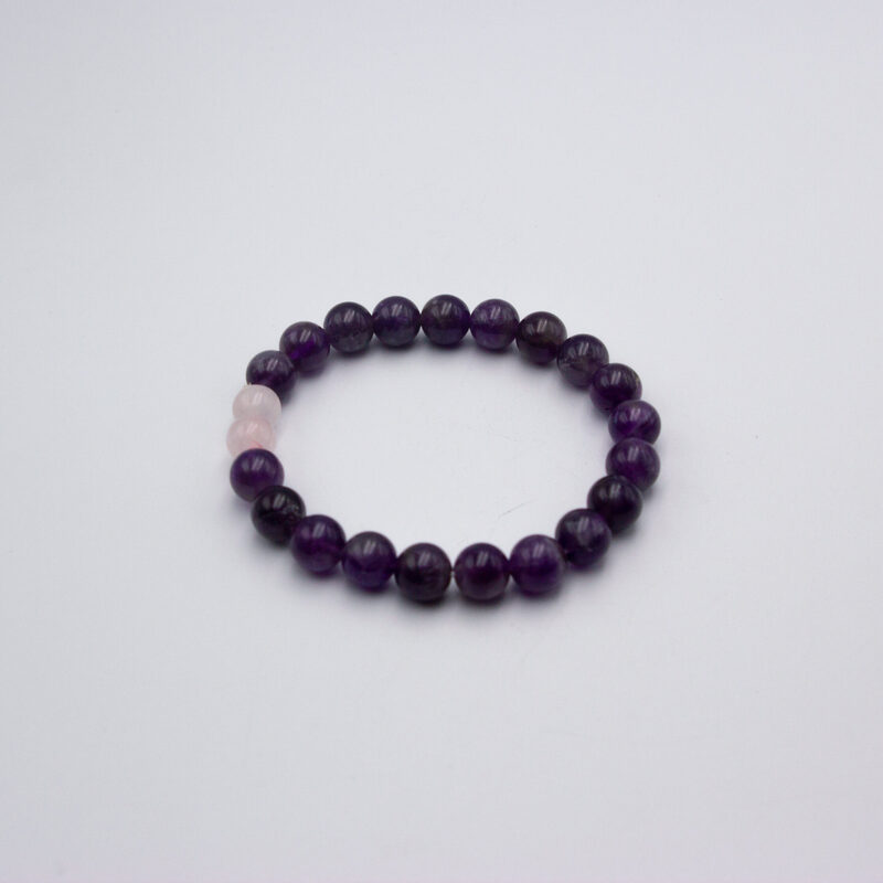 8mm Natural Amethyst and Two Rose Quartz Crystal Bracelet for Women, Purple