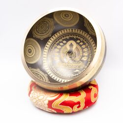 Authentic Himalayan Handcrafted Buddha Singing Bowl Single Set with Traditional Wooden Striker & Silk Cushion, Gold