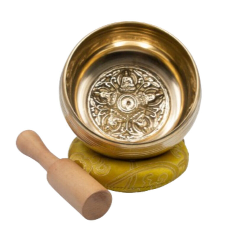 

Generic Authentic Himalayan Five Buddha Singing Bowl Single Set with Traditional Wooden Striker & Silk Cushion, Gold