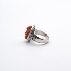 925 Sterling Silver Carved Ganesha of Natural Coral Crystal Ring Unisex, Silver/Orange