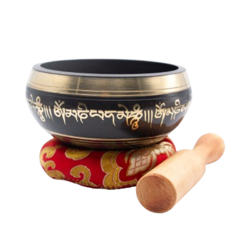 

Generic Authentic Himalayan Handcrafted Pattern Eye of Buddha Singing Bowl Single Set with Traditional Wooden Striker & Silk Cushion, Black/Gold