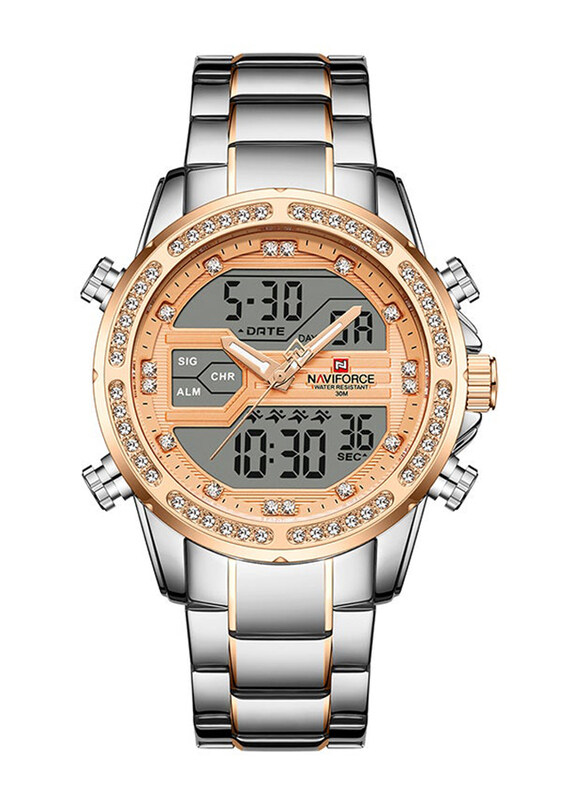 

Naviforce Analog + Digital Wrist Watch for Men with Stainless Steel Band, NF9190 S/RG, Sliver-Silver/Rose Gold