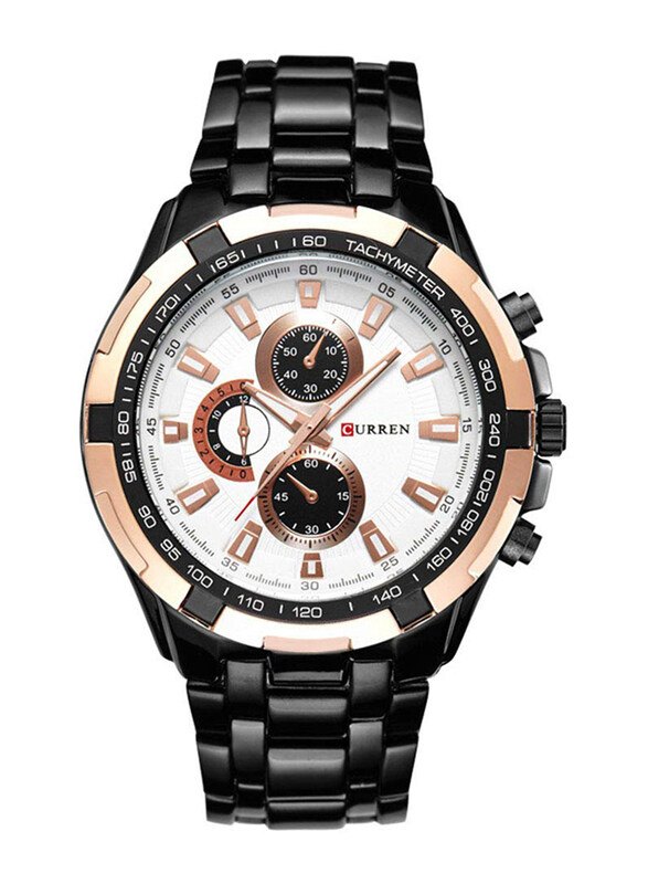 

Curren Analog Watch for Men with Stainless Steel Band, Water Resistant and Chronograph, 8023, Black-White/Gold