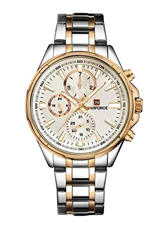 

Naviforce Analog Watch for Men with Stainless Steel Band, Water Resistant and Chronograph, NF9089M, Silver/Gold-White