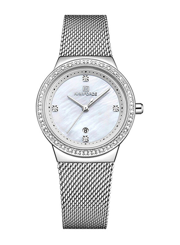 

Naviforce Analog Watch for Women with Metal Band, Water Resistant, NF5005 S/W, Silver-White