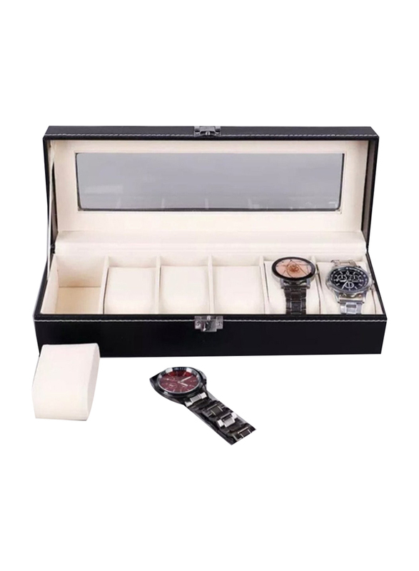 Luxury Watch Box with 6 Slots and Glass Window for Men, Black