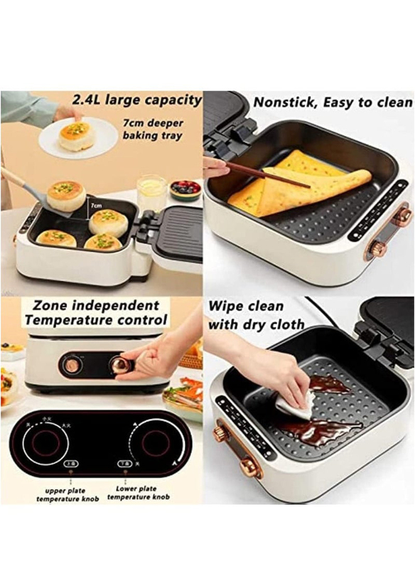 2-in-1 Multifunctional Electric Nonstick Coating Cooker with Grill and Hot Pot with Adjustable Temperature Control, 1800W, White