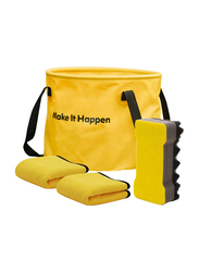 Hoto Car Wash Cleaning Kit Set with 20L Outdoor Foldable Bucket, Wavy Double-Sided Sponge, 2-Piece High-Density Cloth, Yellow