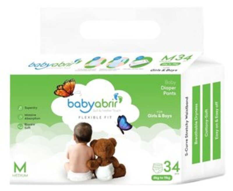 Baby Abrir Diaper Pants (MEDIUM) 34pcs, 6kg to 11kg ; Soft and Feather Touch, Flexible Fit