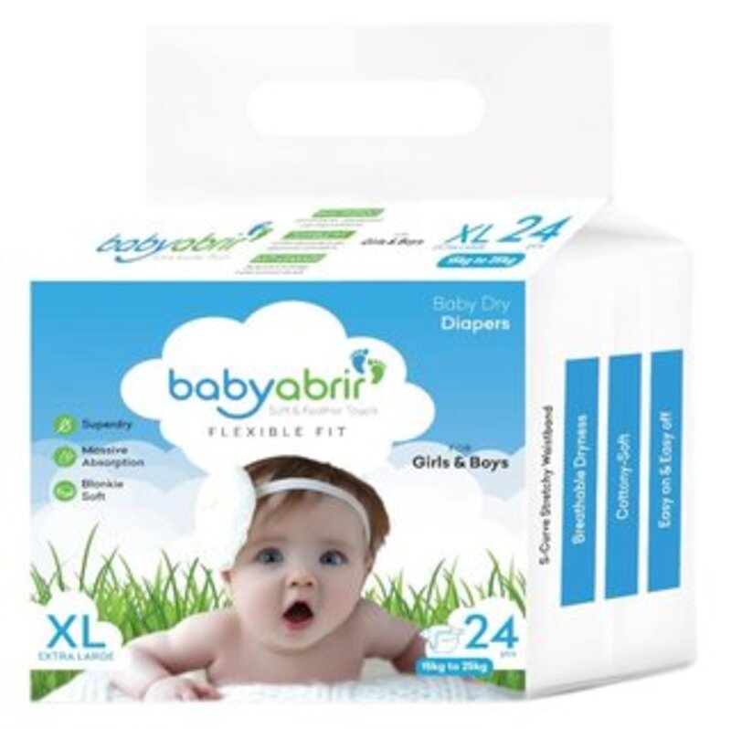 Baby Abrir Dry Diaper (XL) 24pcs, 15kg to 25kg ; Soft and Feather Touch, Taped Type