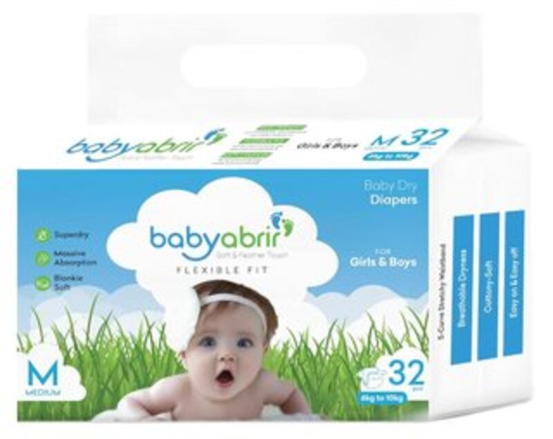 Baby Abrir Dry Diaper (MEDIUM) 32pcs, 6kg to 10kg ; Soft and Feather Touch, Taped Type