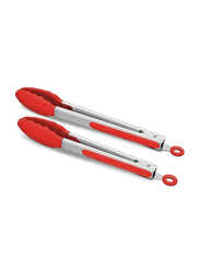 2-Piece Silicone Tip Stainless Steel Tongs Set, Non-Stick & Heat Resistant 480°F, Red