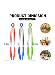 3-Piece Silicone Tip Stainless Steel Tongs Set, Heat Resistant 600°, Multicolour