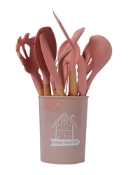 11-Piece Silicone Cooking Kitchen Utensils Set with Wooden Handles Cooking Tool, Red