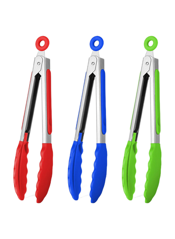 3-Piece Silicone Tip Stainless Steel Mini Tongs Set, Heat Resistant 600°F, Multicolour