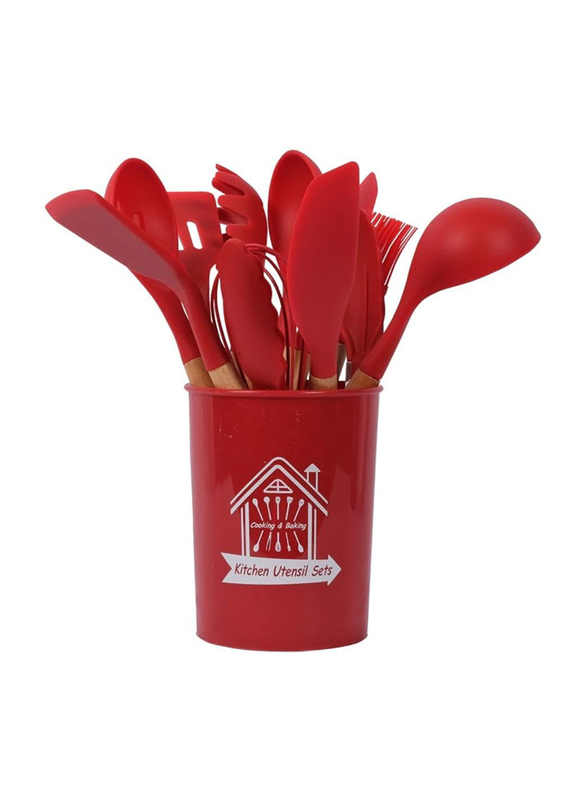 11-Piece Silicone Cooking Kitchen Utensils Set with Wooden Handles Cooking Tool, Red