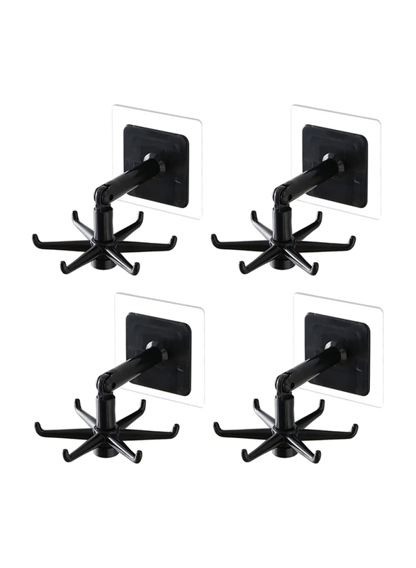 Rotating Folding No Drilling Self-Adhesive 180°Vertical Flip Waterproof Utility Wall Mounted Kitchen Utensil Hanging Rack, 4 Pieces, Black