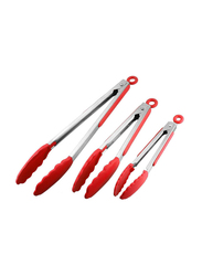 3-Piece Silicone Tip Stainless Steel Tongs Set, Non-Stick Heat Resistant, Red