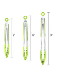 3-Piece Premium Silicone BPA Free Non-Stick Stainless Steel BBQ Cooking Grilling Locking Food Tongs, Green