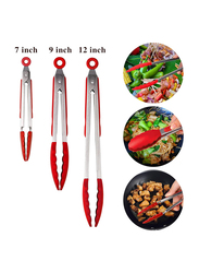 3-Piece Silicone Tip Stainless Steel Tongs Set, Non-Stick Heat Resistant 480°F, Red