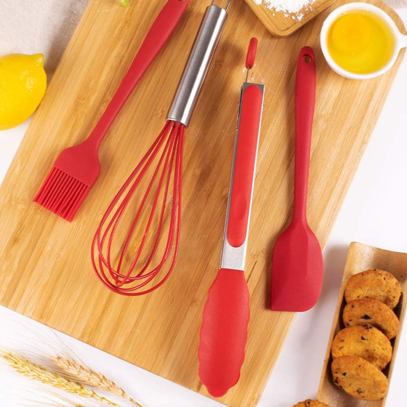 Irovami 4-Piece Silicone Kitchen Utensils Set Egg Whisk Angled Spatula Oil Brush Food Tong, Red