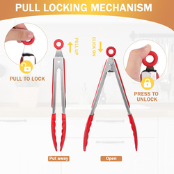 Silicone Tip Stainless Steel Tong, Non-Stick Heat Resistant 480°F, Red