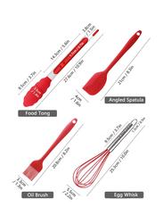 Irovami 4-Piece Silicone Kitchen Utensils Set Egg Whisk Angled Spatula Oil Brush Food Tong, Red