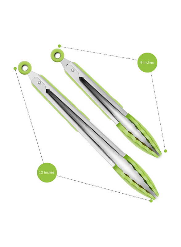 2-Piece Silicone Tip Stainless Steel Tongs Set, Non-Stick Heat Resistant 500°F, Light Green