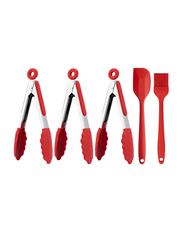 5-Piece Silicone Tip Stainless Steel Tongs & Spatula Set, Non-Stick Heat Resistant 600°F, Red