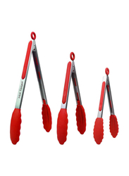 3-Piece Silicone Tip Stainless Steel Tongs Set, Non-Stick Heat Resistant 480°F, Red