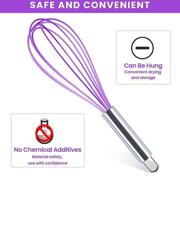 Vxyw 10-Inch Silicone Kitchen Whisks for Cooking with Stainless Steel Handles, Purple