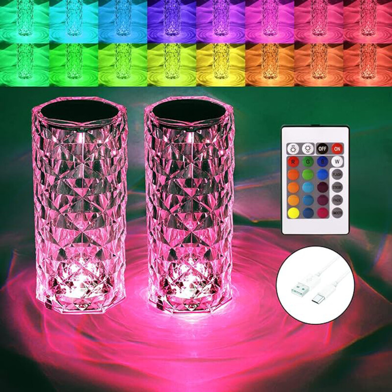 

Generic Crystal Diamond Remote + Touch Control 16 Colour RGB Changing LED Lights Night Light Table Lamp, 2 Piece, Clear