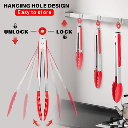 3-Piece Silicone Tip Stainless Steel Tongs Set, Non-Stick Heat Resistant 550°F, Red