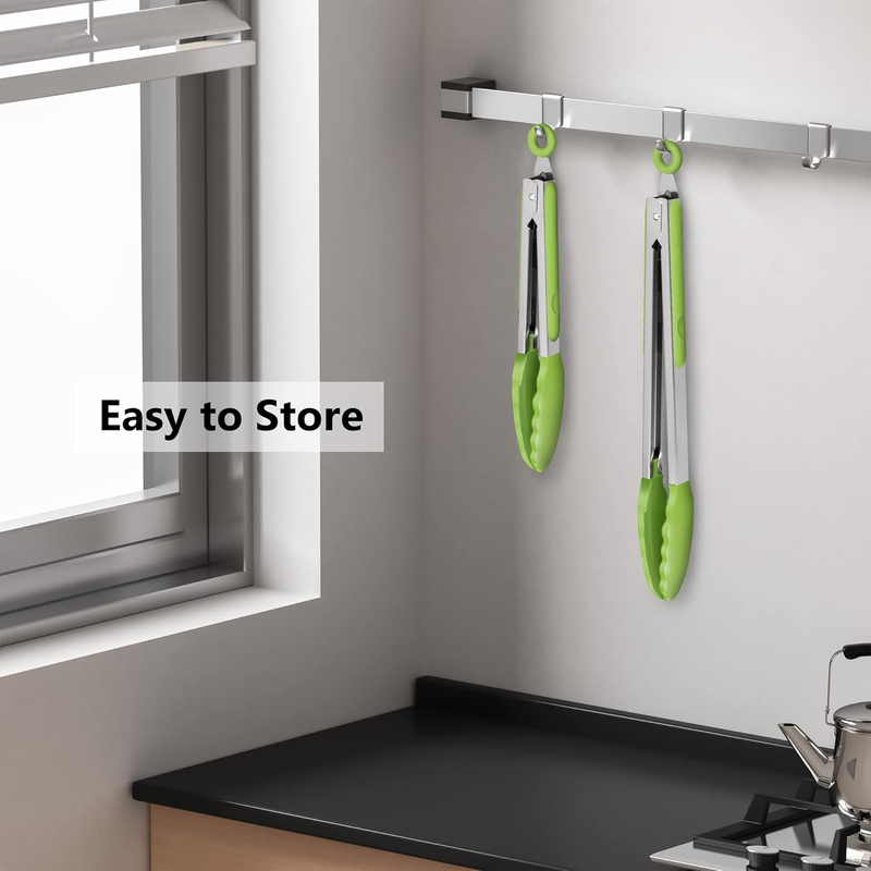 2-Piece Silicone Tip Stainless Steel Tongs Set, Non-Stick Heat Resistant 500°F, Light Green