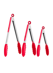 3-Piece Silicone Tip Stainless Steel Tongs Set, Non-Stick Heat Resistant 550°F, Red