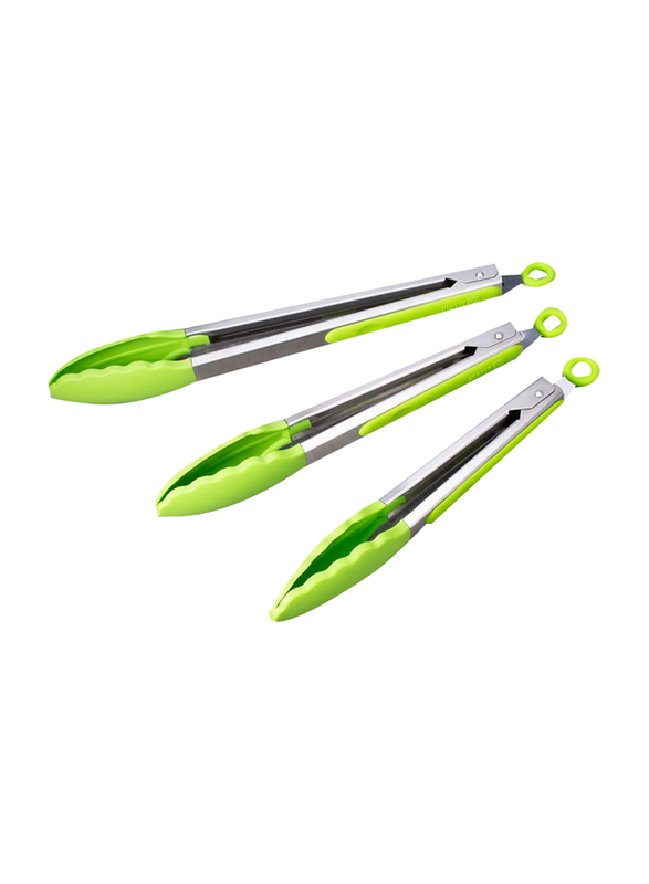 3-Piece Premium Silicone BPA Free Non-Stick Stainless Steel BBQ Cooking Grilling Locking Food Tongs, Green