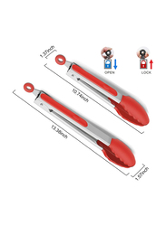 2-Piece Silicone Tip Stainless Steel Tongs Set, Non-Stick & Heat Resistant 480°F, Red