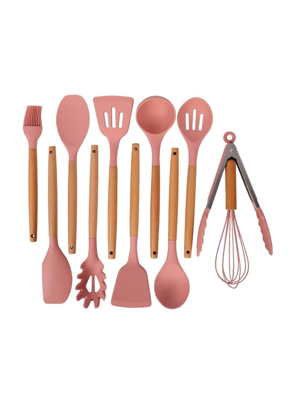 11-Piece Silicone Cooking Kitchen Utensils Set with Wooden Handles Cooking Tool, Red