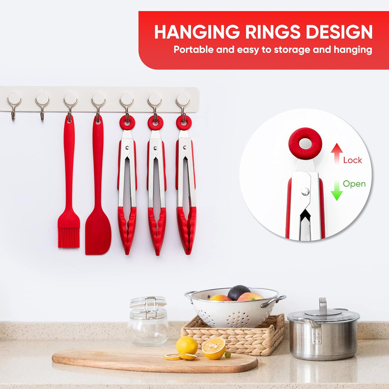 5-Piece Silicone Tip Stainless Steel Tongs & Spatula Set, Non-Stick Heat Resistant 600°F, Red